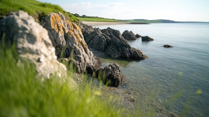 A serene coastal scene featuring rocky formations and clear waters under a sunny sky, Ideal for travel blogs, nature articles, or promoting outdoor activities and coastal tourism,