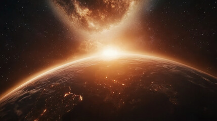 Obraz premium A surreal view of Earth with the Milky Way rising behind it, casting a dreamy light.