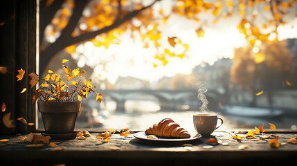  A cup of coffee and a croissant on a Parisian balcony, overlooking the iconic Eiffel Tower
