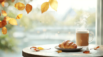   A cup of coffee and a croissant on a table, with the Eiffel Tower in view