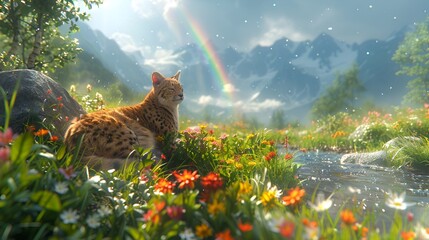Vibrant Spring Meadow with Wildflowers and Rainbow After Rain