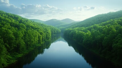 Fototapeta premium A serene landscape showcasing a tranquil river surrounded by lush green forests and distant mountains under a soft sky, ideal for nature-related projects, relaxation themes