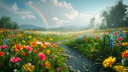 Vibrant Spring Meadow with Wildflowers and Rainbow After Rain