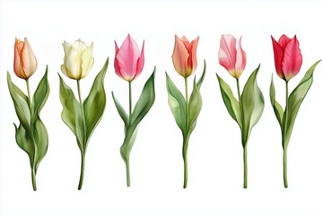 Obraz premium Watercolor set of tulips png. Spring tulips with green leaves on a white background. Floral elements for wedding invitations and other designs. watercolor flowers 