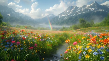 Vibrant Spring Meadow with Wildflowers and Rainbow After Rain