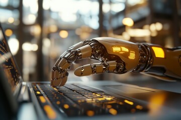 Robotic hand typing on a laptop keyboard in a modern workspace during the day