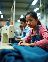 woman teenager men workers textile factory in a sweat shop in Indonesia making sewing denim jeans, fast fashion social problems and effects