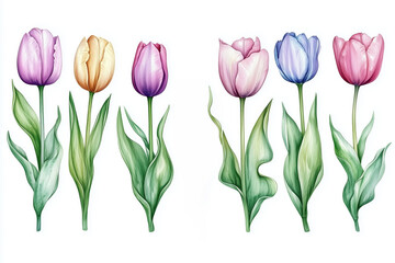 Fototapeta premium Watercolor set tulips png. Spring tulips with green leaves on a white background. Floral elements for wedding invitations and other designs. watercolor flowers 