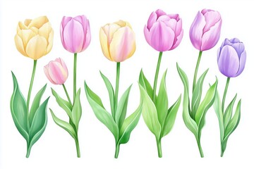 Fototapeta premium Watercolor set tulips png. Spring tulips with green leaves on a white background. Floral elements for wedding invitations and other designs. watercolor flowers 
