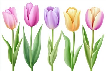 Naklejka premium Watercolor set tulips png. Spring tulips with green leaves on a white background. Floral elements for wedding invitations and other designs. watercolor flowers 