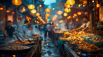 Vibrant Street Food Market at Dusk with Lanterns and Exotic Dishes