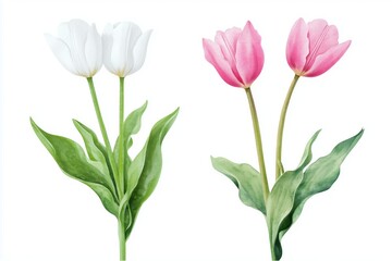 Obraz premium Watercolor set tulips png. Spring tulips with green leaves on a white background. Floral elements for wedding invitations and other designs. watercolor flowers 