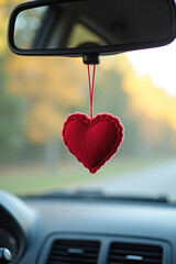 Classy Car Cabin with Heart-Shaped Scented Air Freshener Hanging on Rear View Mirror