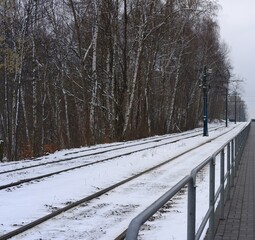 Train tracks in a snowy park