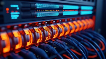 Glowing fiber optic junction box with neatly arranged cables, detailed infrastructure display