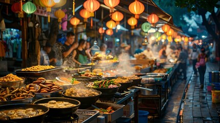 Vibrant Street Food Market at Dusk with Lanterns and Exotic Dishes