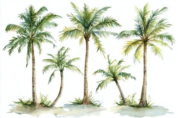 Obraz premium Watercolor set with palm trees and leaves floral plants elements 