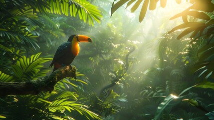 Lush Tropical Rainforest with Toucan Perched Amidst Streaming Sunlight