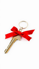 A shiny metal key adorned with a vibrant red ribbon, placed on a white background, symbolizing home ownership, housewarming, or a real estate gift.