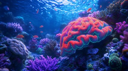 Obraz premium Brain-shaped coral reef in vibrant ocean.