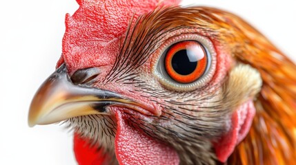 Close-up of chicken face with sharp orange eyes and detailed comb, vibrant poultry portrait, farm animal, bird close-up, captivating livestock image, detailed farmyard capture, domestic creature