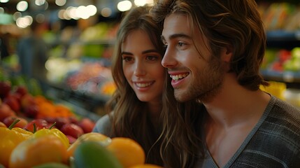 Young Couple Shopping for Fresh Produce in a Modern Supermarket