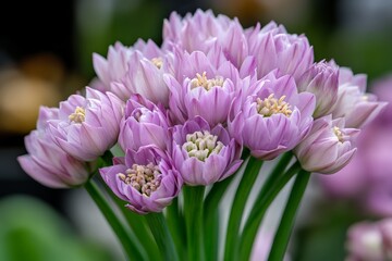 Obraz premium Beautiful cluster of pink allium flowers blooming in a garden under bright sunlight during spring season
