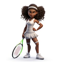 Cartoon girl tennis player in white outfit, holding racket.