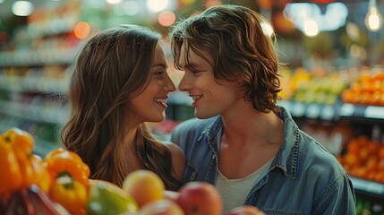 Young Couple Shopping for Fresh Produce in a Modern Supermarket