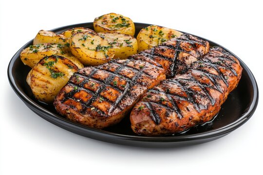  Pechugas de pollo marinadas y asadas con papas al horno, presentadas en un plato negro.
