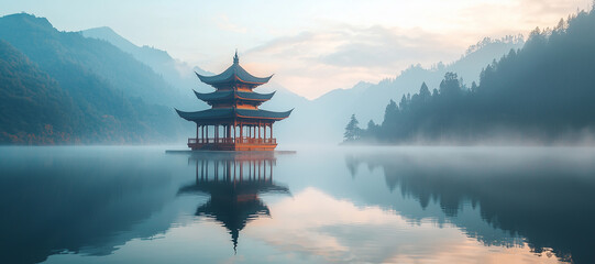 Obraz premium A traditional wooden pagoda perched on the edge of a serene lake surrounded by towering mountains. The lake’s surface is smooth like glass, reflecting