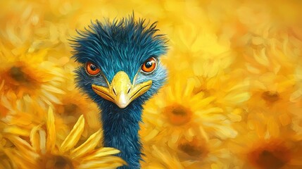 Fototapeta premium An ostrich painting amidst sunflower field with yellow sky