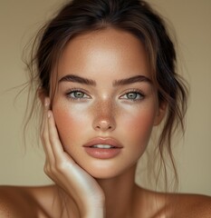Fototapeta premium Close-up portrait of a young woman with natural makeup and sun-kissed skin, hand gently resting on her cheek.