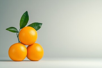  Tres naranjas maduras colocadas en una composición minimalista con hojas verdes frescas sobre un fondo neutro. 