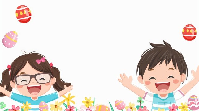 Joyful spring scene  children playfully searching for hidden easter eggs among colorful flowers