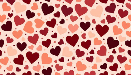 A seamless pattern of stylized hearts.  Many various shades of red and maroon hearts are scattered across a pale peach background. Valentines Day Pattern.