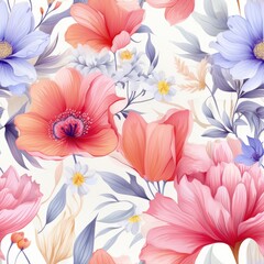 Seamless floral pattern with poppies, tulips, and peonies in soft pastel colors.