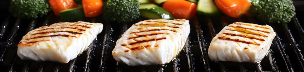 Grilled fish fillets with colorful vegetables on a grill.