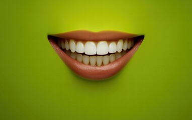 Fototapeta premium A bright smile showing clean, even teeth against a vibrant lime green studio backdrop