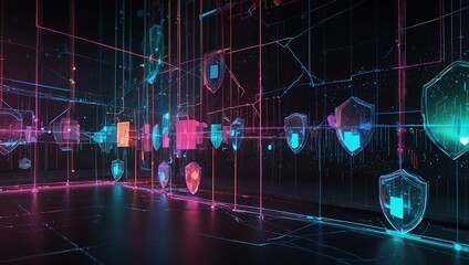 A futuristic digital landscape featuring glowing shields and geometric shapes in vibrant colors against a dark backdrop.