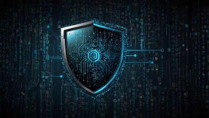 A digital shield with a circuit board design, set against a background of flowing binary code and glowing data nodes.