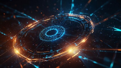 A glowing, futuristic circular object emits orange and blue lights, surrounded by particles and dynamic energy effects.