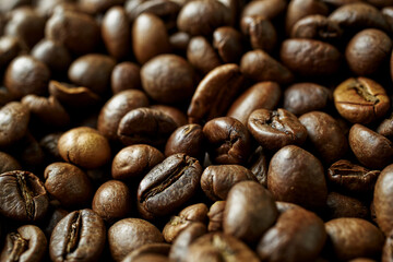 Close-up roasted coffee beans brown texture background macro caffeine beverage ingredient aromatic dark roasted coffee detailed food photography blur background