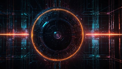 Obraz premium A futuristic digital design featuring a glowing circular pattern with orange and blue lines amid a dark, grid-like background.