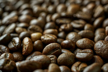 Close-up roasted coffee beans brown texture background macro caffeine beverage ingredient aromatic dark roasted coffee detailed food photography blur background