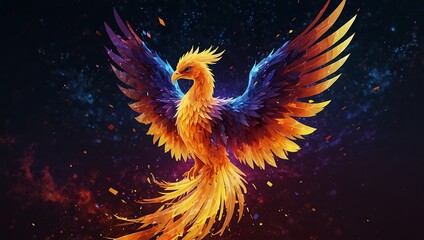 A vibrant phoenix with fiery orange and blue feathers soars against a dark, starry background, radiating energy.