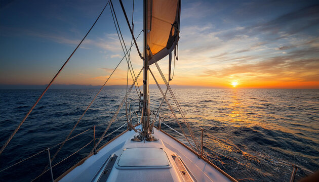 Puesta de sol y vsta relajante del horizonte azul de cielo y mar desde la proa de un barco de vela