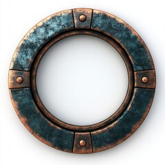 Rustic circular metallic frame with a weathered texture and rivet details, isolated on a white background. Ideal for design projects, steampunk themes, or industrial concepts, AI