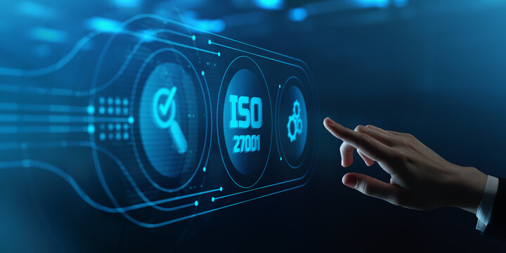 Human Hand Touching Futuristic Virtual Screen with ISO 27001 icon. Information security, cybersecurity and privacy protection