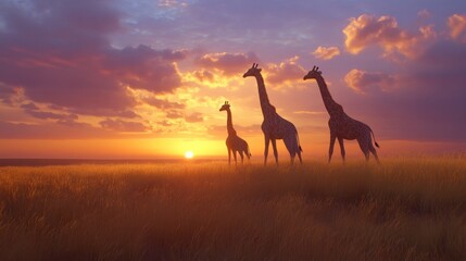 Three giraffes silhouetted against a colorful sunset in a grassy landscape.